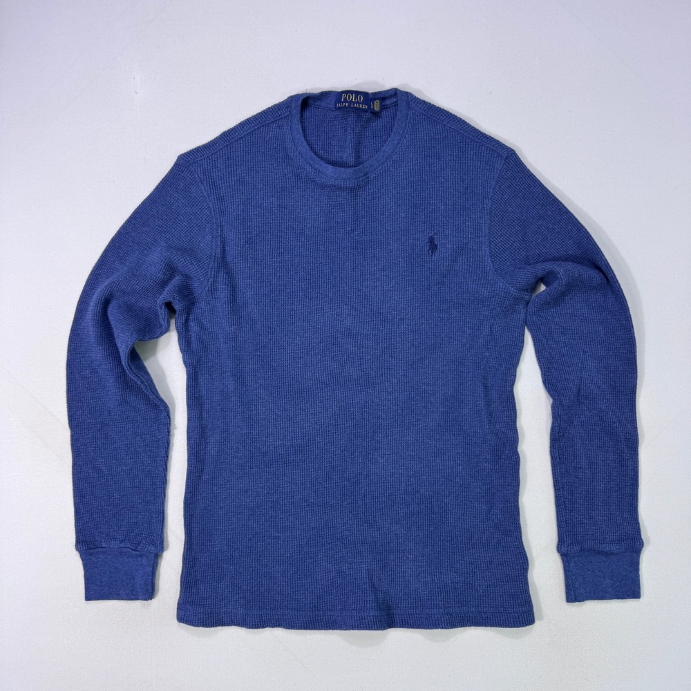Polo Ralph Lauren Mens Blue Waffle Knit Thermal Long Sleeve Crewneck Shirt Large